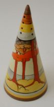 A Clarice Cliff Coral Firs pattern, hand painted pottery conical sugar sifter, bears Clarice Cliff B