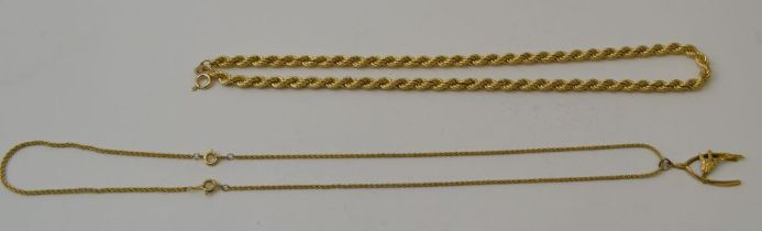 A 9ct gold rope twist necklace, 49cm long, 12.5g, together with a 9ct gold wishbone pendant, on a p