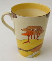 A Clarice Cliff Coral Firs coffee mug of tapering form, hand painted pottery, bears factory back sta