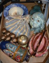 Box of useful and decorative domestic items to include an 'arts and crafts' design set