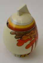 A Clarice Cliff Coral Firs conserve pot, hand painted pottery, factory back stamp to base, Clarice C