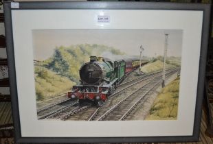 Kenneth Aitkin, original watercolour painting of a Train Crossing Tracks, framed, 29cm x 45cm