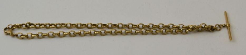 A 9ct gold chain fitted with an unmarked yellow metal "T" bar, chain weight 26g