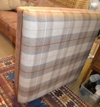 A part leather effect and beige tartan three person settee with large square foot stool