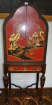 Oak chinoiserie decorated cocktail cabinet on stand with single drawer