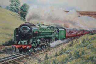 Kenneth Aitkin, original watercolour painting of 70047 Train travelling through a bridge,
