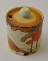 A Clarice Cliff Coral Firs pattern cylindrical conserve pot with cover, hand painted pottery, bears