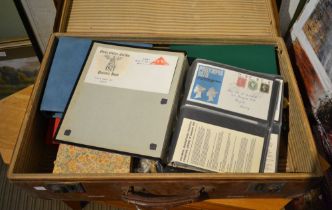 Old tan suitcase of first day covers and other stamps various