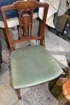 Six Edwardian fancy inlaid single chairs with overstuffed seats