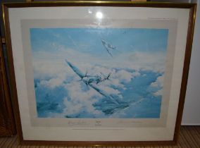 A framed 1st Edition coloured print of a 'Spitfire', signed by Group Captain Douglas Barder & Air Ma