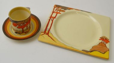 A Clarice Cliff Coral Firs pattern Biarritz rectangular plate, hand painted pottery 15.5cm x 18.5cm