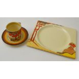 A Clarice Cliff Coral Firs pattern Biarritz rectangular plate, hand painted pottery 15.5cm x 18.5cm
