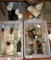 A large collection of 'dug-up' glass bottles and pots - some local names