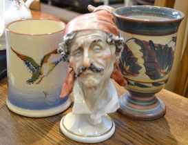 A Capo di Monte bust, a Denby tankard signed & painted by Glyn Colledge & a terracotta painted Devon