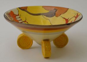 A Clarice Cliff Coral Firs pattern Bob-Bon dish of conical form raised on four disc feet, hand paint
