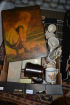 Box with an Adding machine, prints, Royal Commemorative tankards other ceramics, etc