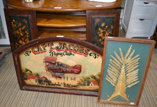 Pair of pressed flower panels a wheat dolly and a novelty flying school sign