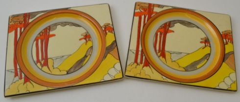 A pair of Clarice Cliff Coral Firs pattern, rectangular Biarritz shape, hand painted pottery plates,