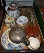 Box of mixed domestic china and glass with a 19th century 'melon' tea pot