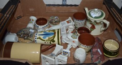 A Royal Doulton series ware teapot, Motto and crested wares, two pot lids etc