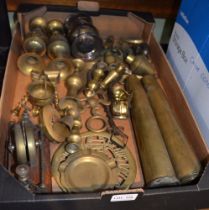 Box of brassware including table gong, shell cases, etc