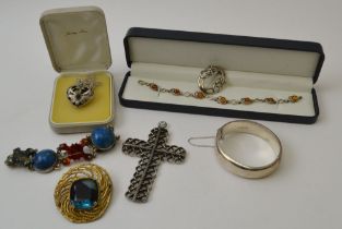 A quantity of silver and other costume jewellery, includes; silver bangle, silver heart pendant on c