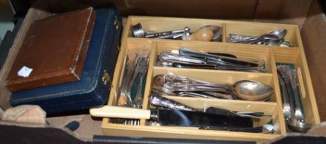 A box of plated cutlery mostly Kings pattern, together with a silver plated cased set of fish knives