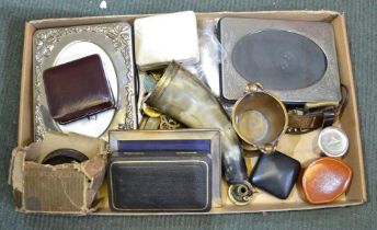 A selection of powder flasks, etc