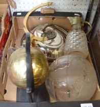 Two boxes containing two globes, a decanter tray, a silver plated chafing dish etc