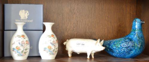 A Beswick pig, two boxed Wedgwood vases and a studio pottery example of a dove