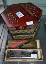 A squeezebox, two harmonicas, including "The Chromonica" by M. Hohner