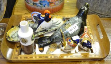 A small tray together with a Palissy vase, two Royal Crown Derby bird paperweights, etc.