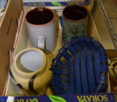 Four items of pottery to include 3 Chelsea Pottery jugs, a blue basket marked 32 Vasari together wit