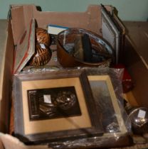 A box containing mixed collectibles to include two cut throat razors flatware etc