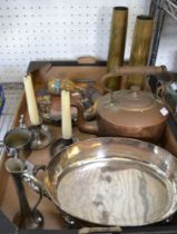 A selection of domestic metal wares to include a 19th century copper kettle