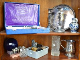 Two shelves of miscellaneous silver items, plate collectibles etc