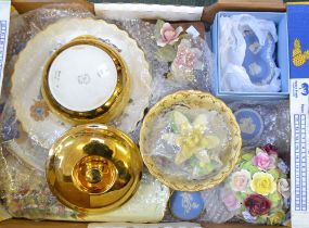 A box of decorative ceramics includes Wedgwood porcelain flowers, etc.