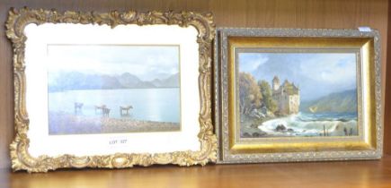 A small oil painting, a castle beside a loch, gilt framed, together with a framed print of a lake sc