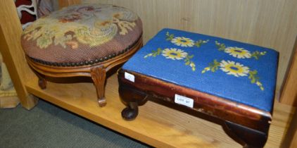 Three various footstools, with woolwork tapestry upholstered tops