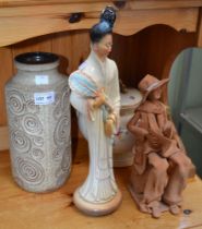 A German mid 20th century vase, Japanese lady figurine, a Crown Devon lidded vase, and Italian terra