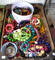 A tray of beaded necklaces costume jewellery etc