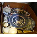 A box containing a selection of blue and white china wares etc
