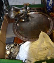 James Dixon & Son, silver plated lidded pot, various cutlery, salver, etc.