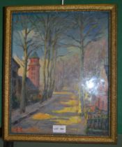 Kineckerberk, "Bergdorf, near Hamburg, Germany", oil painting on board, monogrammed RK, inscribed