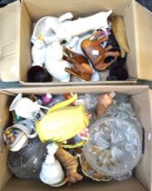 Two boxes of ceramic and wooden animal figures, glass etc