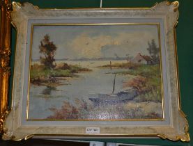 Oil on canvas of an estuary scene with a boat in the foreground, framed not glazed