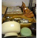 A box containing a selection of useful domestic items, decorative tiles, pestle and mortar, cutlery
