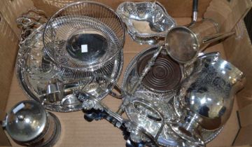 A box containing a large selection of silver plated items, to include an ice bucket & trays