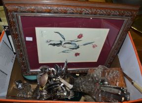 A quantity of assorted items, includes glass, cutlery, a framed print, wooden box etc