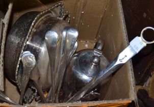 A quantity of silver plate, includes a Georgian design meat skewer, teapot, muffin dish, spoon and p
